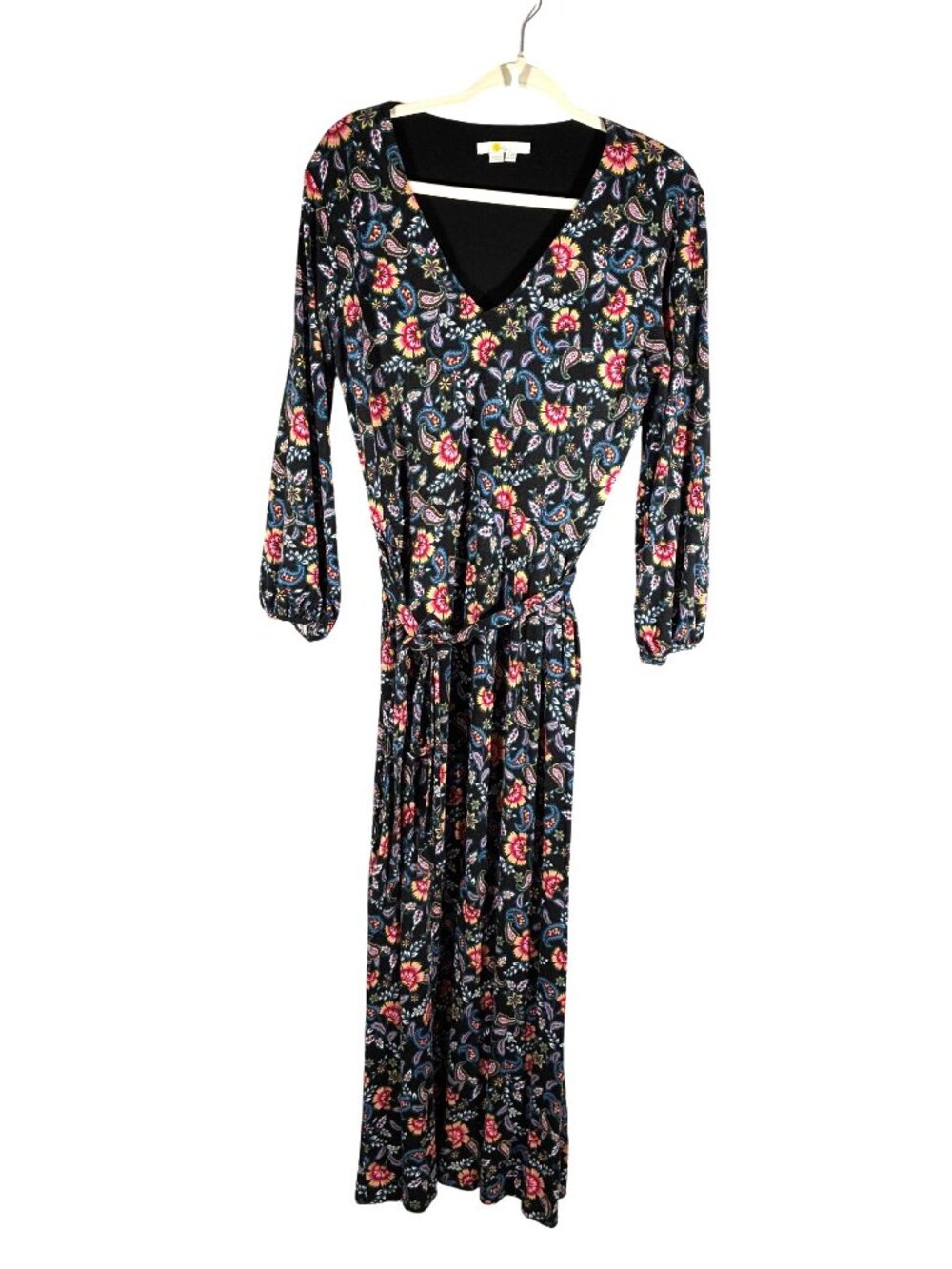 Boden Floral Print belted stretch jersey Maxi Dress V-Neck Long Sleeves size 12